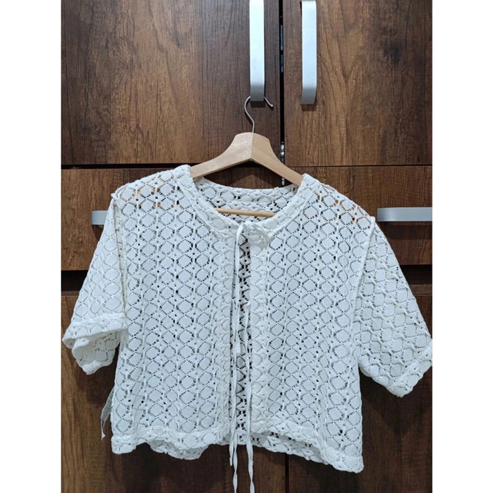 3/4 Sleeve White Top with Tiny Holes and Front Straps